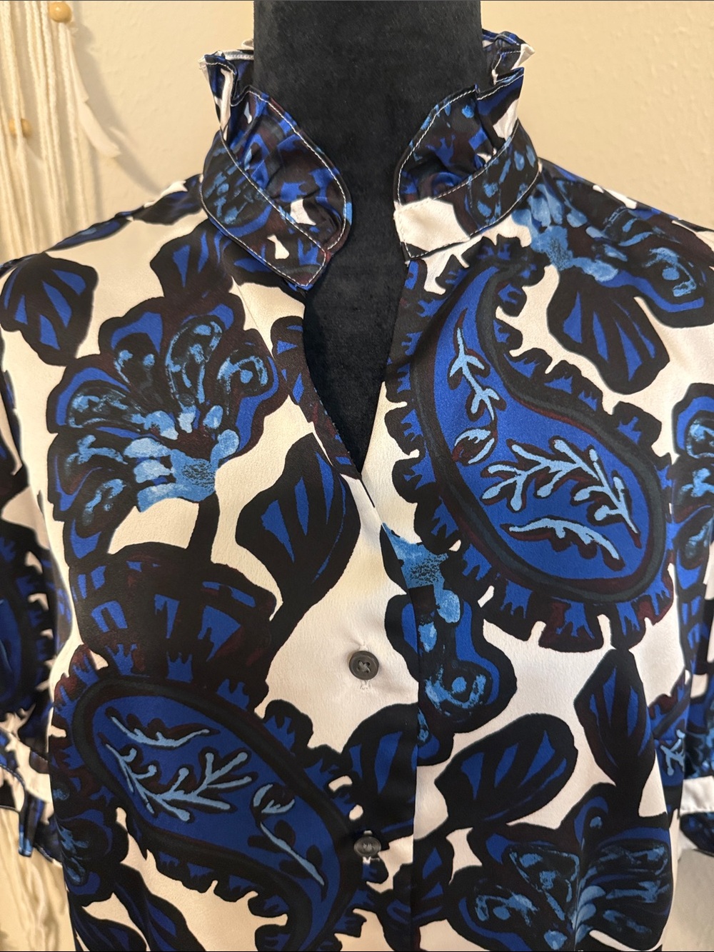 Ann Taylor Blue and White Paisley-Print Button Front Blouse